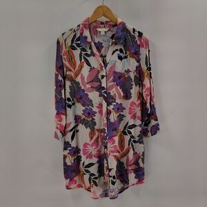 Khakis & Co Button Up Size Small  Floral Print Long Top Pink Blue
